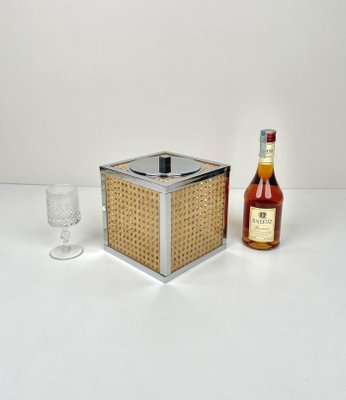 Chrome Acrylic Wicker Rattan Barware Ice Bucket, France, 1970s-LYQ-1171413