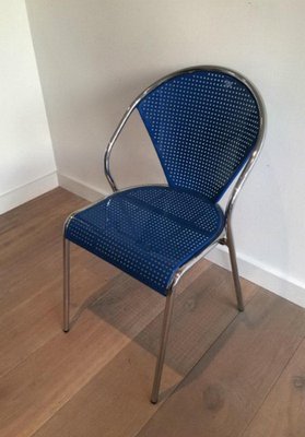 Chrome and Blue Lacquered Perforated Metal Chairs, 1980s, Set of 4-BA-658625