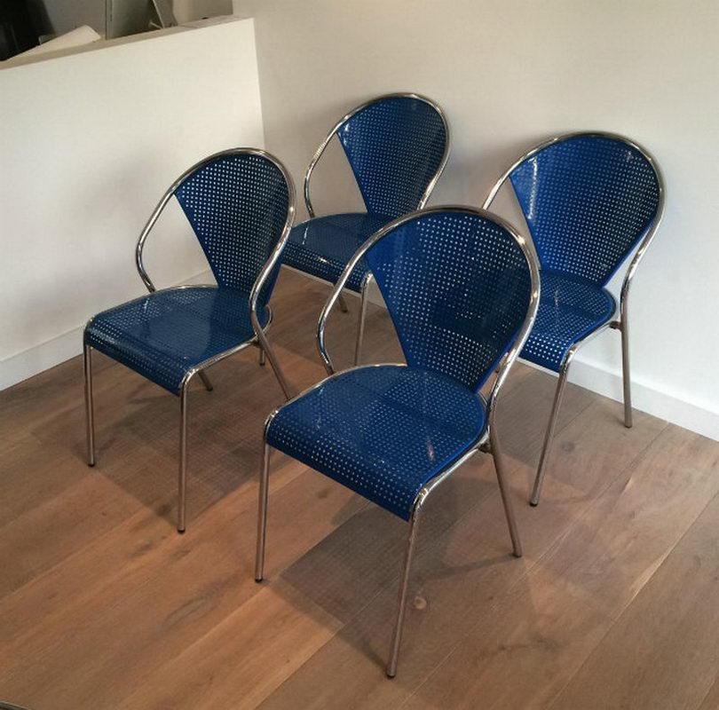 Chrome and Blue Lacquered Perforated Metal Chairs, 1980s, Set of 4