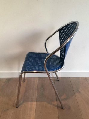 Chrome and Blue Lacquered Perforated Metal Chairs, 1980s, Set of 4-BA-658625