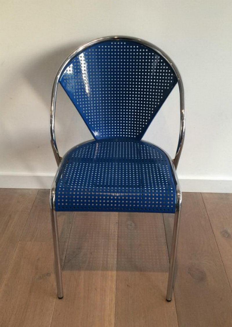 Chrome and Blue Lacquered Perforated Metal Chairs, 1980s, Set of 4