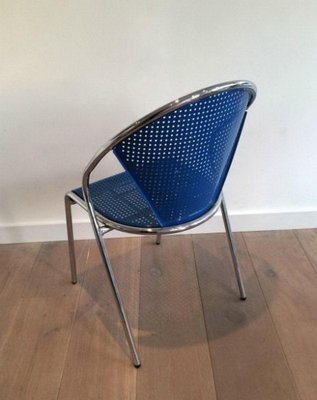 Chrome and Blue Lacquered Perforated Metal Chairs, 1980s, Set of 4-BA-658625