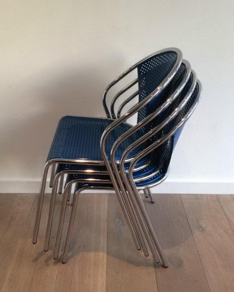 Chrome and Blue Lacquered Perforated Metal Chairs, 1980s, Set of 4