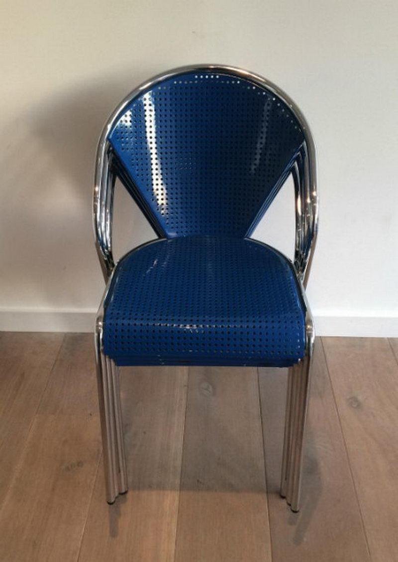 Chrome and Blue Lacquered Perforated Metal Chairs, 1980s, Set of 4