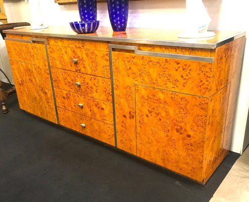 Chrome and Burl Wood Credenza, Italy, 1970s-MBH-1031990