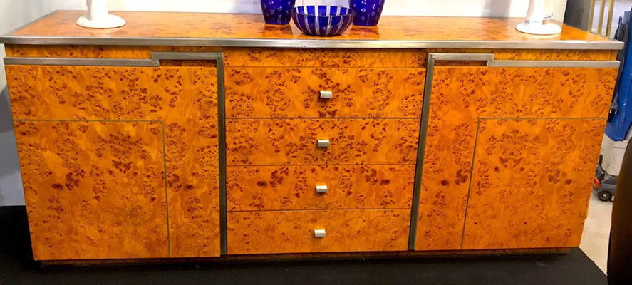 Chrome and Burl Wood Credenza, Italy, 1970s-MBH-1031990