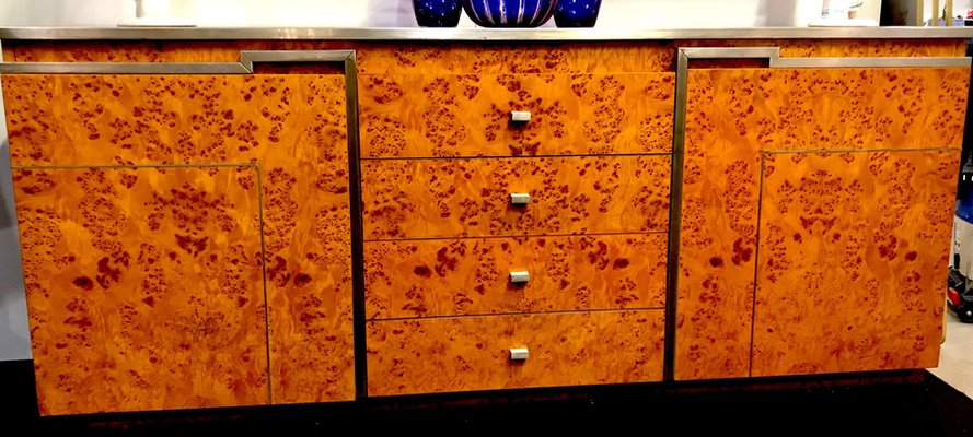 Chrome and Burl Wood Credenza, Italy, 1970s-MBH-1031990