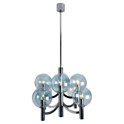 Chrome and Light Blue Glass Chandelier in the Style of Hans-Agne Jakobsson, 1970s-VDW-1451742