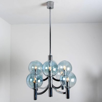 Chrome and Light Blue Glass Chandelier in the Style of Hans-Agne Jakobsson, 1970s-VDW-1451742