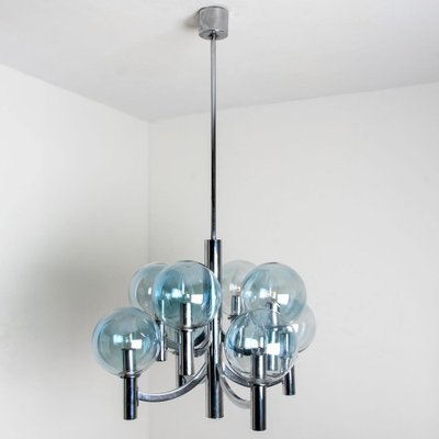 Chrome and Light Blue Glass Chandelier in the Style of Hans-Agne Jakobsson, 1970s-VDW-1451742