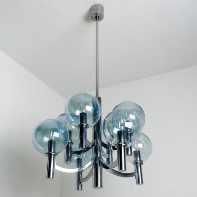 Chrome and Light Blue Glass Chandelier in the Style of Hans-Agne Jakobsson, 1970s-VDW-1451742