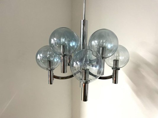 Chrome and Light Blue Glass Chandelier in the Style of Hans-Agne Jakobsson, 1970s-VDW-1451742