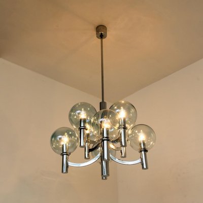 Chrome and Light Blue Glass Chandelier in the Style of Hans-Agne Jakobsson, 1970s-VDW-1451742