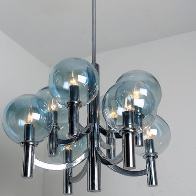 Chrome and Light Blue Glass Chandelier in the Style of Hans-Agne Jakobsson, 1970s-VDW-1451742