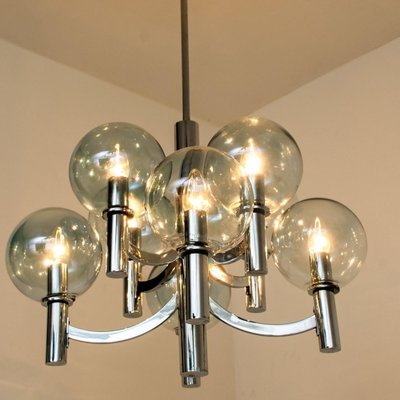 Chrome and Light Blue Glass Chandelier in the Style of Hans-Agne Jakobsson, 1970s-VDW-1451742