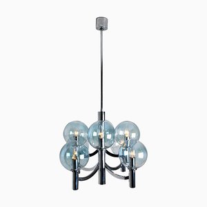 Chrome and Light Blue Glass Chandelier in the Style of Hans-Agne Jakobsson, 1970s-VDW-1451742