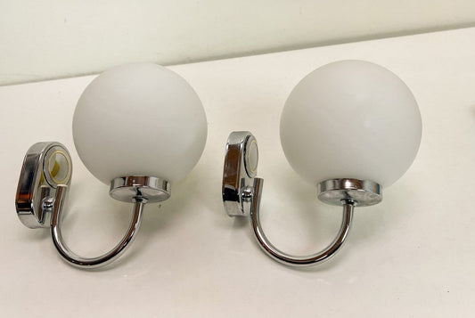 Chrome and Opaline Spherical Wall Lights by Herbert Schmidt, 1980s, Set of 2