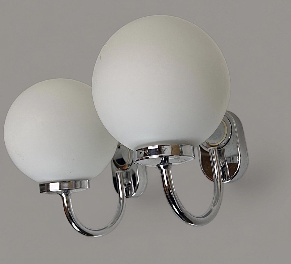 Chrome and Opaline Spherical Wall Lights by Herbert Schmidt, 1980s, Set of 2