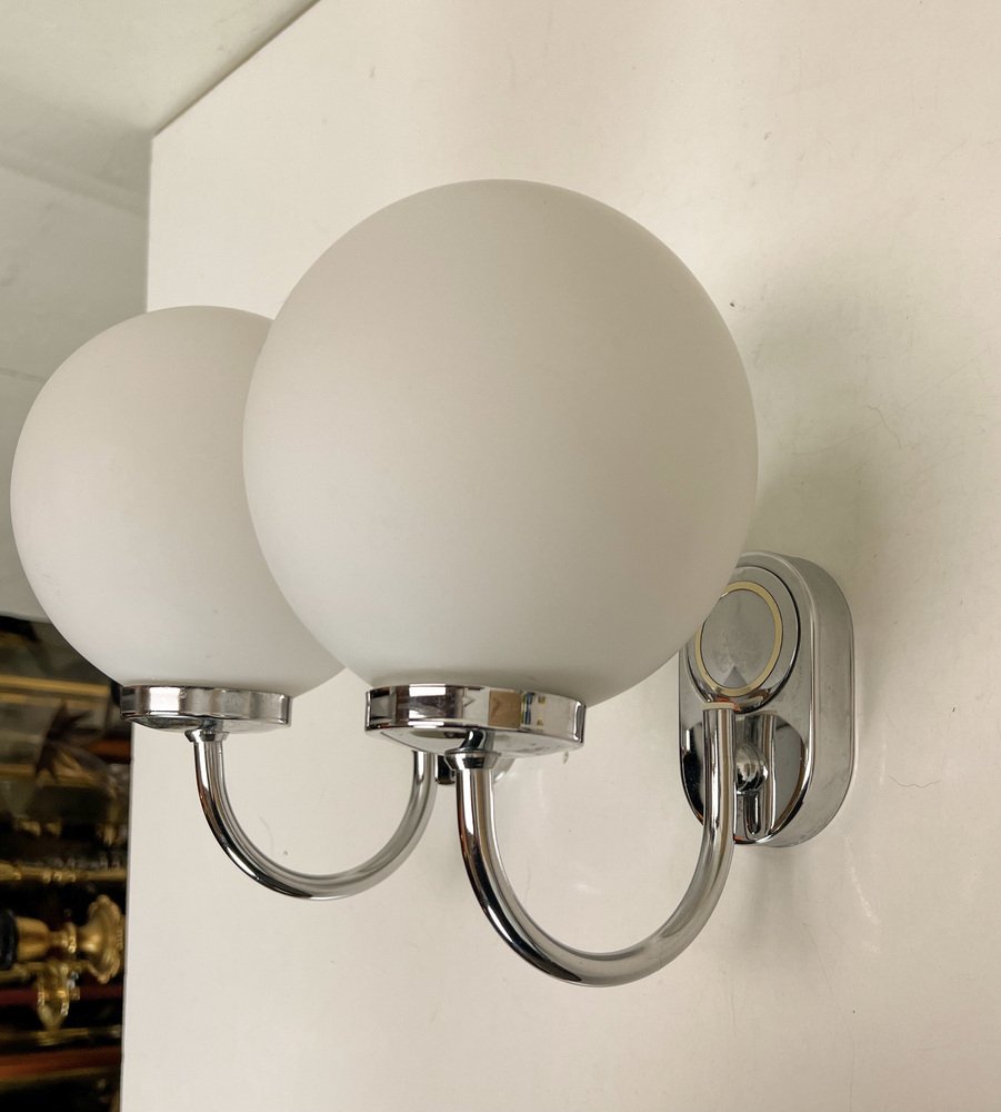 Chrome and Opaline Spherical Wall Lights by Herbert Schmidt, 1980s, Set of 2