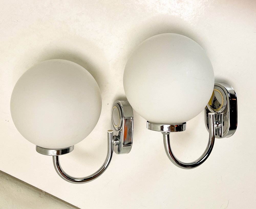 Chrome and Opaline Spherical Wall Lights by Herbert Schmidt, 1980s, Set of 2