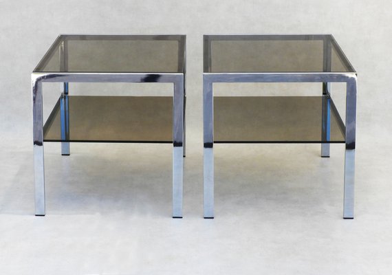 Chrome and Smoked Glass Side Tables, France, 1970s, Set of 2-JUA-1694606