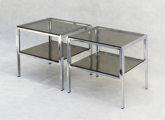 Chrome and Smoked Glass Side Tables, France, 1970s, Set of 2-JUA-1694606