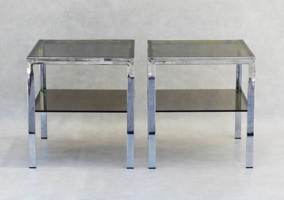 Chrome and Smoked Glass Side Tables, France, 1970s, Set of 2-JUA-1694606