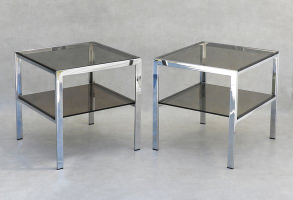 Chrome and Smoked Glass Side Tables, France, 1970s, Set of 2-JUA-1694606