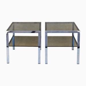 Chrome and Smoked Glass Side Tables, France, 1970s, Set of 2-JUA-1694606