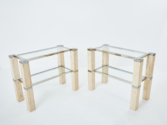 Chrome and Travertine Console Tables by François Catroux, 1973, Set of 2-YJA-1783668