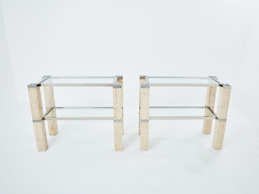 Chrome and Travertine Console Tables by François Catroux, 1973, Set of 2-YJA-1783668