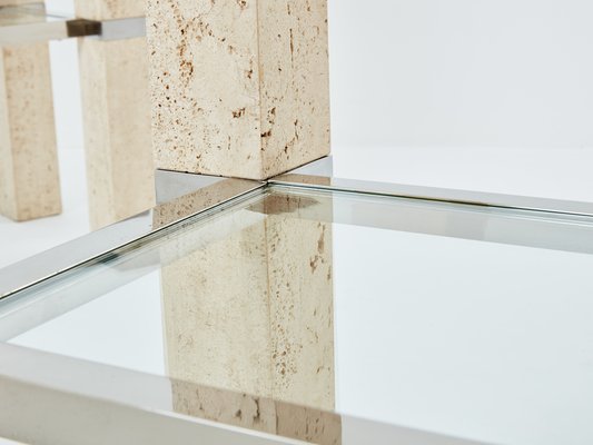 Chrome and Travertine Console Tables by François Catroux, 1973, Set of 2-YJA-1783668