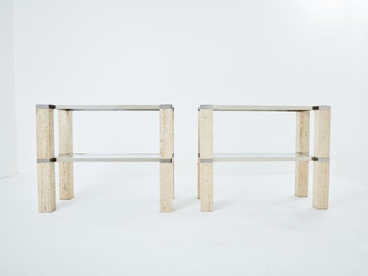 Chrome and Travertine Console Tables by François Catroux, 1973, Set of 2-YJA-1783668