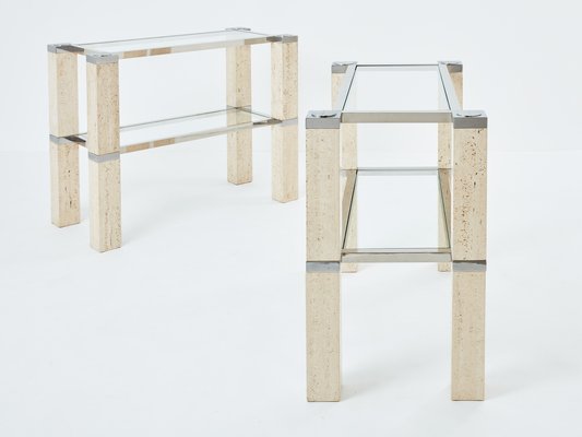 Chrome and Travertine Console Tables by François Catroux, 1973, Set of 2-YJA-1783668