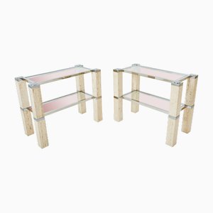 Chrome and Travertine Console Tables by François Catroux, 1973, Set of 2-YJA-1783668