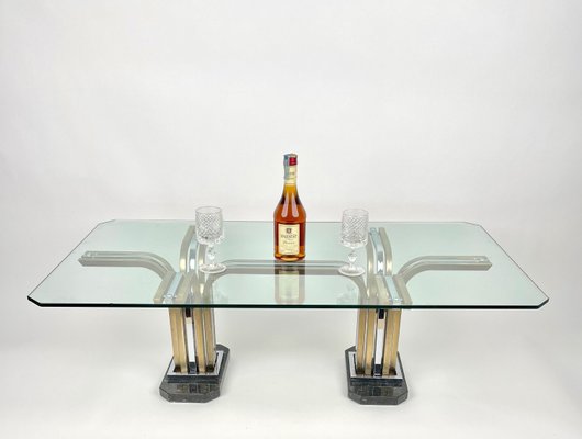 Chrome Brass Marble & Glass Coffee Table, Italy, 1970s-LYQ-1171446