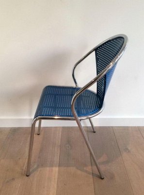 Chrome Chairs with Perforated with Blue Lacquered Metal, 1980s, Set of 4-BA-1365641