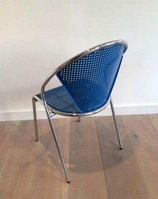 Chrome Chairs with Perforated with Blue Lacquered Metal, 1980s, Set of 4-BA-1365641