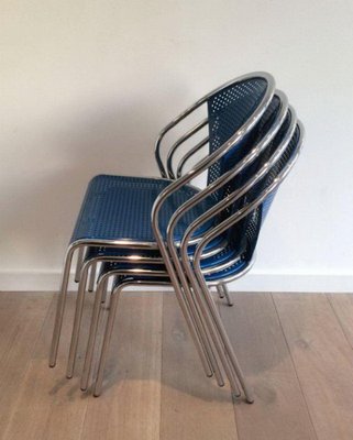 Chrome Chairs with Perforated with Blue Lacquered Metal, 1980s, Set of 4-BA-1365641