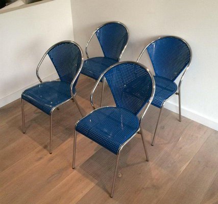 Chrome Chairs with Perforated with Blue Lacquered Metal, 1980s, Set of 4-BA-1365641