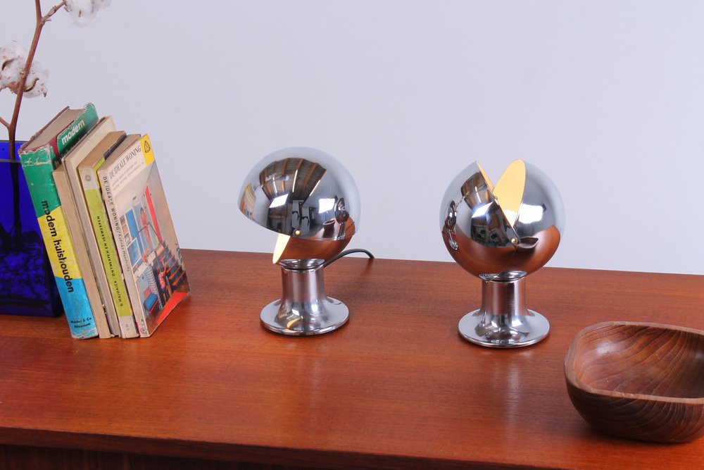 Chrome Eclisse Eyeball Kugel Table Lamps attributed to Hillebrand, 1960s, Set of 2