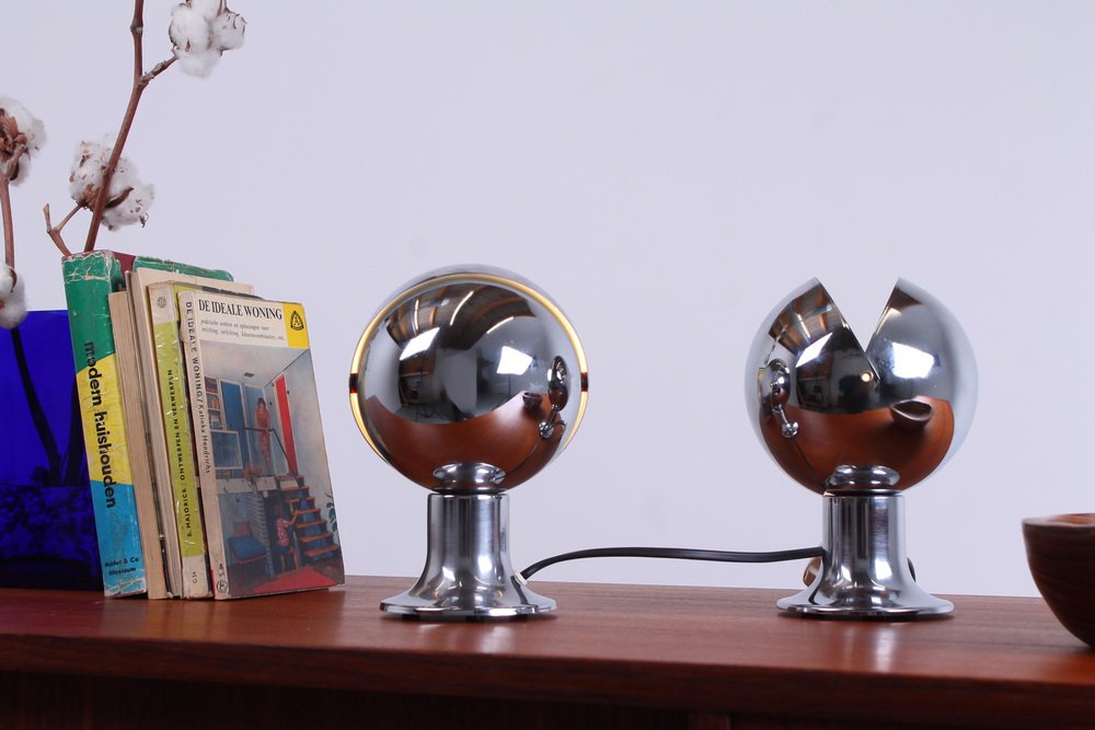 Chrome Eclisse Eyeball Kugel Table Lamps attributed to Hillebrand, 1960s, Set of 2