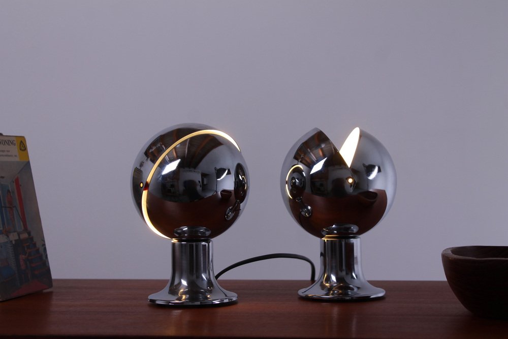 Chrome Eclisse Eyeball Kugel Table Lamps attributed to Hillebrand, 1960s, Set of 2