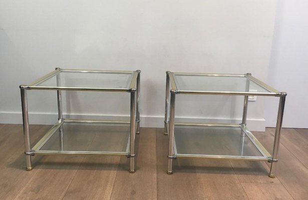 Chrome, Gilt and Silvered Metal Side Tables, France, 1970s, Set of 2-BA-658511