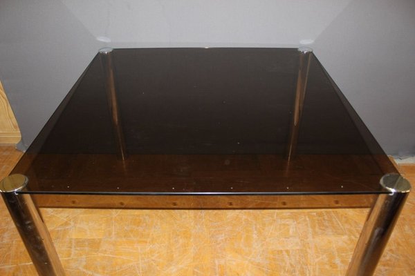 Chrome & Gray Smoked Glass Dining Table, 1970s-BCR-853076