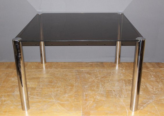 Chrome & Gray Smoked Glass Dining Table, 1970s-BCR-853076