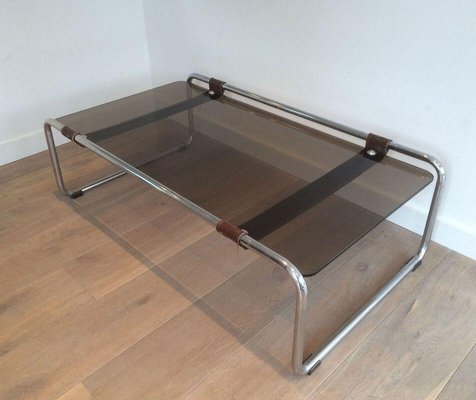 Chrome, Leather and Smoked Glass Coffee Table-BA-1365828