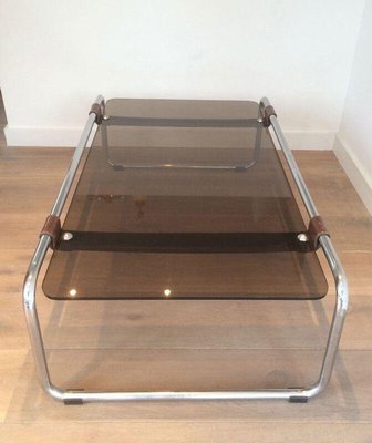 Chrome, Leather and Smoked Glass Coffee Table-BA-1365828