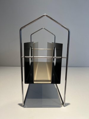 Chrome Magazine Rack with Black and White Lacquered Metal, 1970s-BA-1615865