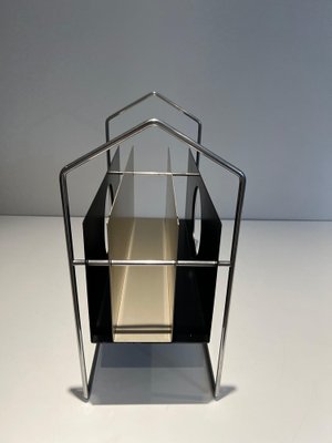 Chrome Magazine Rack with Black and White Lacquered Metal, 1970s-BA-1615865